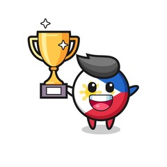 Cartoon Illustration of philippines flag badge is happy holding up the golden trophy
