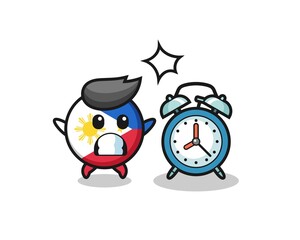 Cartoon Illustration of philippines flag badge is surprised with a giant alarm clock