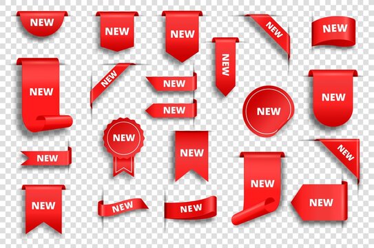 New red tags. Realistic promo sale ribbons, labels, corners, stickers. Price badge, discount banner, product promotion tag vector set. Product arrival into retail shop. Store offer