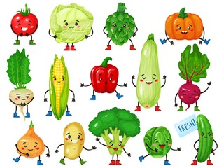 Vegetable characters. Cute broccoli, tomato, pumpkin, cucumber, corn, cabbage with smiling faces. Funny vegetables mascot character vector set. Farm veggies with vitamins for vegans