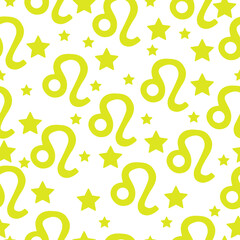 Seamless pattern of yellow silhouettes of the zodiac sign Leo and stars of different sizes on a white background