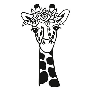 Cute lady giraffe. Monochrome illustration head with flowers. Vector image the giraffe on white background