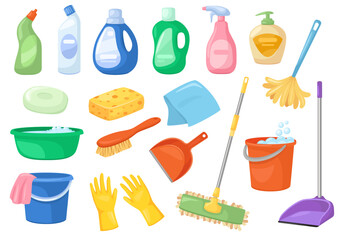 Cleaning supplies. Broom, spray bottle, mop, detergent, bucket, sponge. Household accessories and products for spring cleaning vector set. Hygiene chemicals and equipment for sanitation - obrazy, fototapety, plakaty