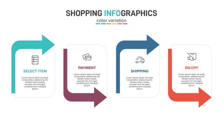 Concept of shopping process with 4 successive steps. Four colorful graphic elements. Timeline design for brochure, presentation, web site. Infographic design layout.