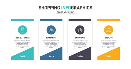 Concept of shopping process with 4 successive steps. Four colorful graphic elements. Timeline design for brochure, presentation, web site. Infographic design layout.