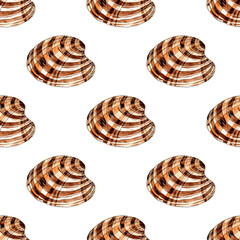 Watercolor illustration pattern round mussel seashell. Underwater world. Tropical shell. The outer frame is made of shellfish-type marzipan. Isolated on white. Hand-drawn.