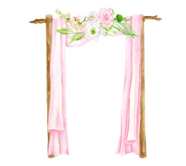 Fototapeta premium Watercolor square wedding arch with flowers. Hand drawn wood archway, pink veil curtains, blush floral arrangement isolated on white. Rustic wedding decoration, bohemian decor for invitation, save the