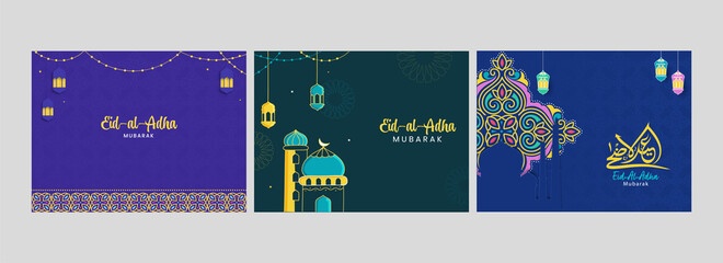 Fototapeta na wymiar Eid-Al-Adha Mubarak Poster Or Template Design In Three Color Options.