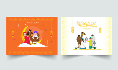 Eid-Ul-Adha Mubarak Poster Design With Muslim People Caressing Animals In Two Color Options.