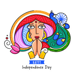 Happy Independence Day Concept With Colorful Woman Doing Namaste, Peacock On White Background.
