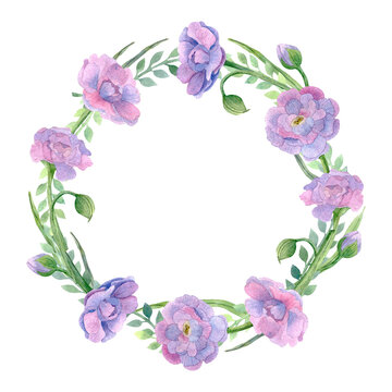 Watercolor isolated floral wreath with wild flowers on white background. Botanical round frame. 