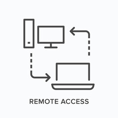 Remote access flat line icon. Vector outline illustration of computer, laptop and arrows. Black thin linear pictogram for online connection