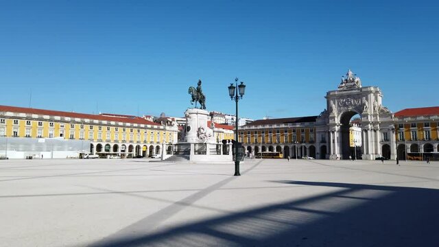Praca do comercio Lisbon Portugal, empty because of covid19, early morning reportage