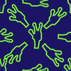 Vector pattern of neon-green alien hand sign in fantasy style on a blue background.seamless pattern of a fantastic neon hand with three fingers with round tips on a dark blue background for a design t