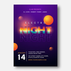 Electro Night Party Template Design With Venue Details In Purple Color.