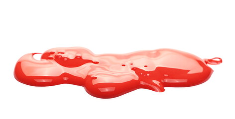 Spilled red paint puddle isolated on white background, side view