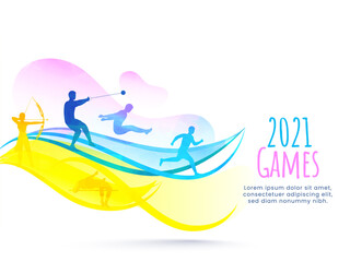 2021 Games Concept With Silhouette Different Athletics In Action Pose On Abstract Background.