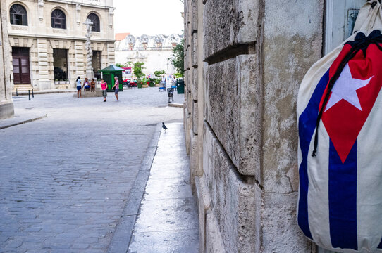 Bag with the flag of Cuba in the streets of the old center of Havana, Cuba, Caribbean, North America