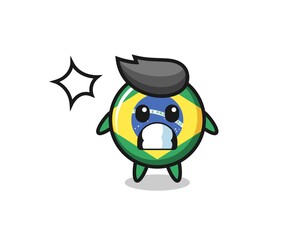 brazil flag badge character cartoon with shocked gesture