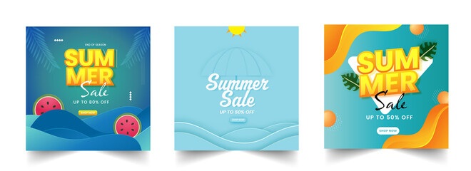Summer Sale Poster Or Template Design With 50% Discount Offer In Three Options.