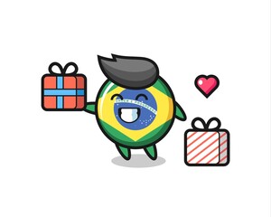 brazil flag badge mascot cartoon giving the gift