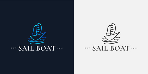 Blue Sailboat Logo Design with Line Style, Suitable for Travel or Tourism Industry Logos