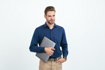 concept of agile business. unshaven man working online. modern wireless laptop. programmer use pc