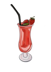Hand drawn blood Mary summer cocktail glass on a white isolated background. Colorful red illustration in Realistic style, doodle. It can be used for decoration of textile, paper and other surfaces.