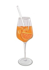 Orange Hand drawn summer cocktail glass on a white isolated background. Colorful aperol illustration in Realistic style, doodle. It can be used for decoration of textile, paper and other surfaces.