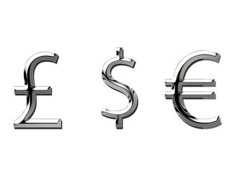 Metal look, metallic dollar, euro and sterling icons, symbols. Isolated currency symbols . 3d illustration