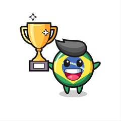 Cartoon Illustration of brazil flag badge is happy holding up the golden trophy