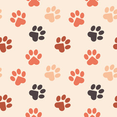 Fototapeta na wymiar Paws of a cat, dog, puppy. Chaotic multi-colored footprints of pets on a pink background. Seamless pattern for trendy fabrics, veterinary clinic banners, decorative pillows for animals. 