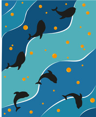 Design of dolphins and whales silhouettes in the sea