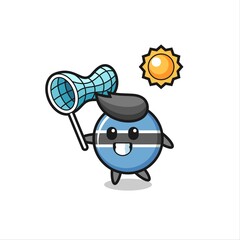 botswana flag badge mascot illustration is catching butterfly