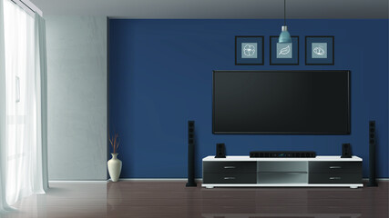 Smart TV on the blue wall in living room and cabinet. 3d rendering.