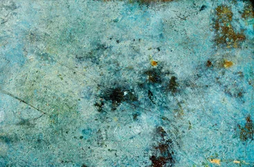 Blauer Hintergrund. Die Oberfläche eines alten patinierten Kupfertabletts. Kupferne Patina. Vintage-Tablett. © Tatyana Sidyukova