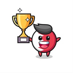 Cartoon Illustration of bahrain flag badge is happy holding up the golden trophy
