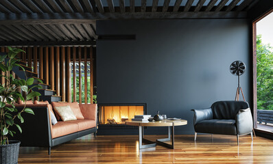 Naklejka premium Modern dark home interior background, wall mock up, 3d render