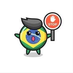 brazil flag badge character illustration holding a stop sign