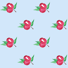 Seamless pattern with lychee tropical fruits on a blue background. Fresh exotic berries. Watercolor illustration. For printing on fabric.