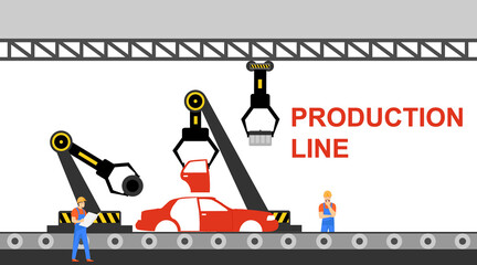 Production line for the collection of cars. Automotive conveyor belt with mechanical arm. Vector illustration.