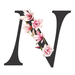 Floral Alphabet, floral set letters with watercolor painting flowers magnolia and leaves. Isolated monogram initials perfectly for wedding invitations, greeting card, logo, poster and other. 