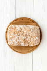 Freshly backed bread top view. Bakery background