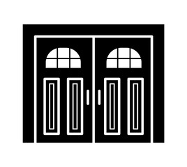 Side hinged vintage garage door. Black & white vector illustration. Flat icon of closed warehouse or barn gate in rustic country style. Symbol for exterior design element. Isolated object
