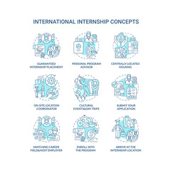 International internship concept icons set. Abroad work opportunity idea thin line color illustrations. Submit application. Personal program advisor. Vector isolated outline drawings. Editable stroke