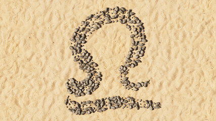 Concept conceptual stones on beach sand handmade symbol shape, golden sandy background, libra zodiac sign. 3d illustration symbol for  esoteric, the mystic, the power of prediction of astrology