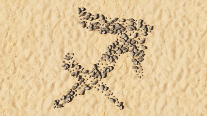 Concept conceptual stones on beach sand handmade symbol shape, golden sandy background, sagittarius zodiac sign. 3d illustration symbol for  esoteric, the mystic, the power of prediction of astrology