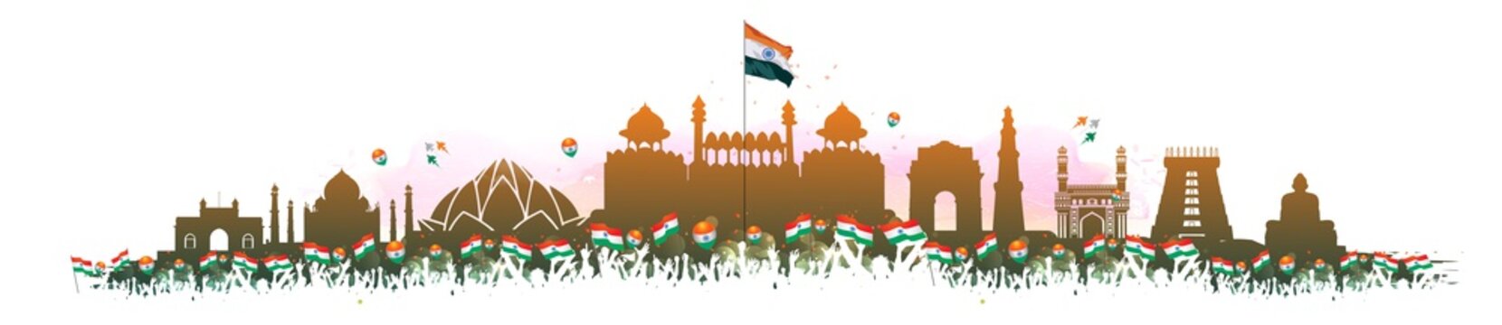 India Independence Day Red Fort Background Sales Banner. Freedom Celebration 15 August People With Tricolor Flag And Kite