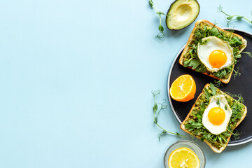 Open sandwich with eggs and avocado on plate. Overhead view