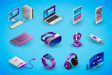 Realistic electronic devices and gadgets in isometry. Vector isometric illustration of electronic devices isolated on blue background. Desktop PC, laptop, smartphone, digital tablet